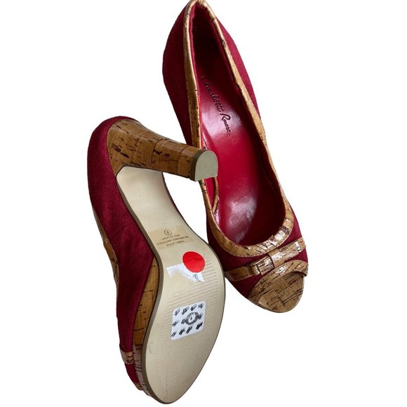 031 Charlotte Russo heels red suede cork bow peep toe 8 SB10 - Picture 5 of 5